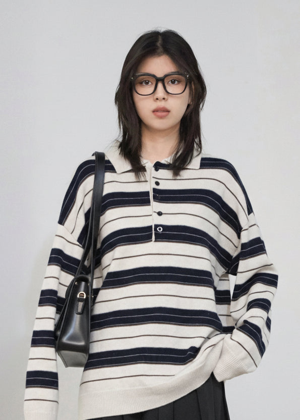 Striped Polo Collar Sweater Casual Knit Pullover Loran