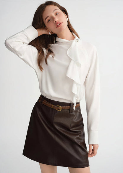 Elegant White Asymmetrical Skew Collar Blouse Loran
