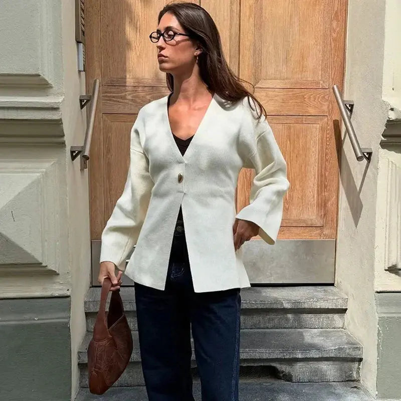 V-Neck, Buckle Closure, and Slit Detail - Loran