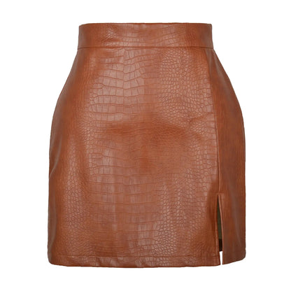 Split Hem Black PU Leather Skirt - Loran