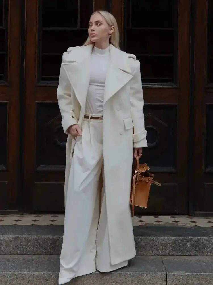 Chic Double-Breasted Wool Coat with Lace-Up Detail - Loran