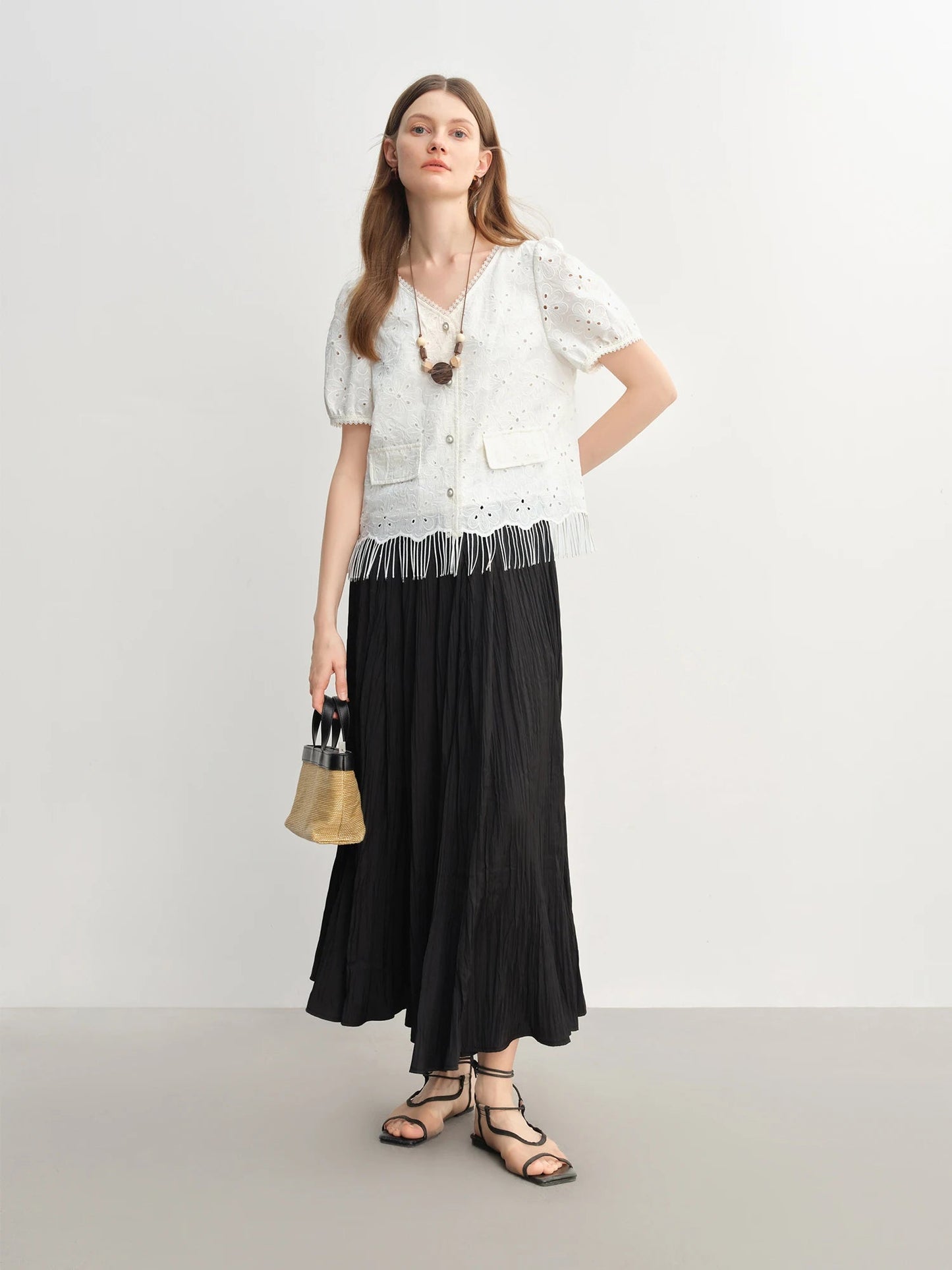 White Lace Embroidery Chic Summer Shirt Tassel Detail Loran