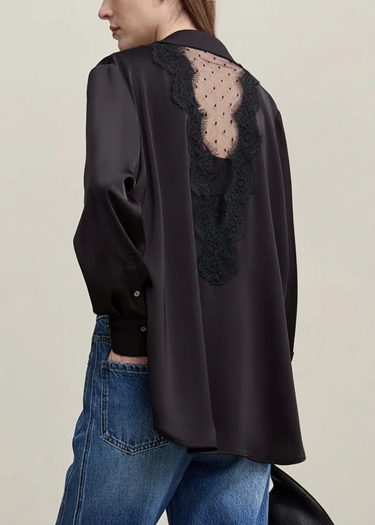 Amii Women's Blouse 2026 Spring New Mesh Lace Patchwork Chiffon Shirt Women's Casual Loose Lapel Single Breasted Tops 12641087 Loran