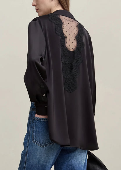Amii Women's Blouse 2026 Spring New Mesh Lace Patchwork Chiffon Shirt Women's Casual Loose Lapel Single Breasted Tops 12641087 Loran