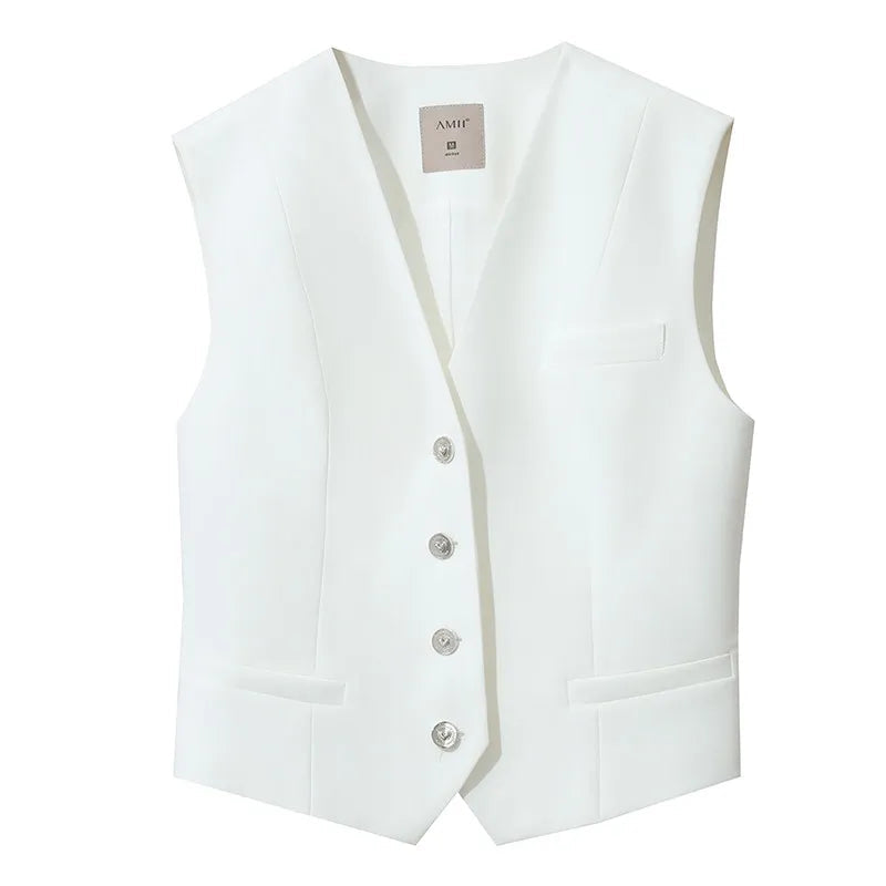 Amii Women's Vest 2026 Spring New Commuter V-neck Buckle Sleeveless Vest Female Slim Short Solid Color Versatile Top 12621085 Loran
