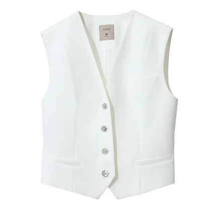 Amii Women's Vest 2026 Spring New Commuter V-neck Buckle Sleeveless Vest Female Slim Short Solid Color Versatile Top 12621085 Loran
