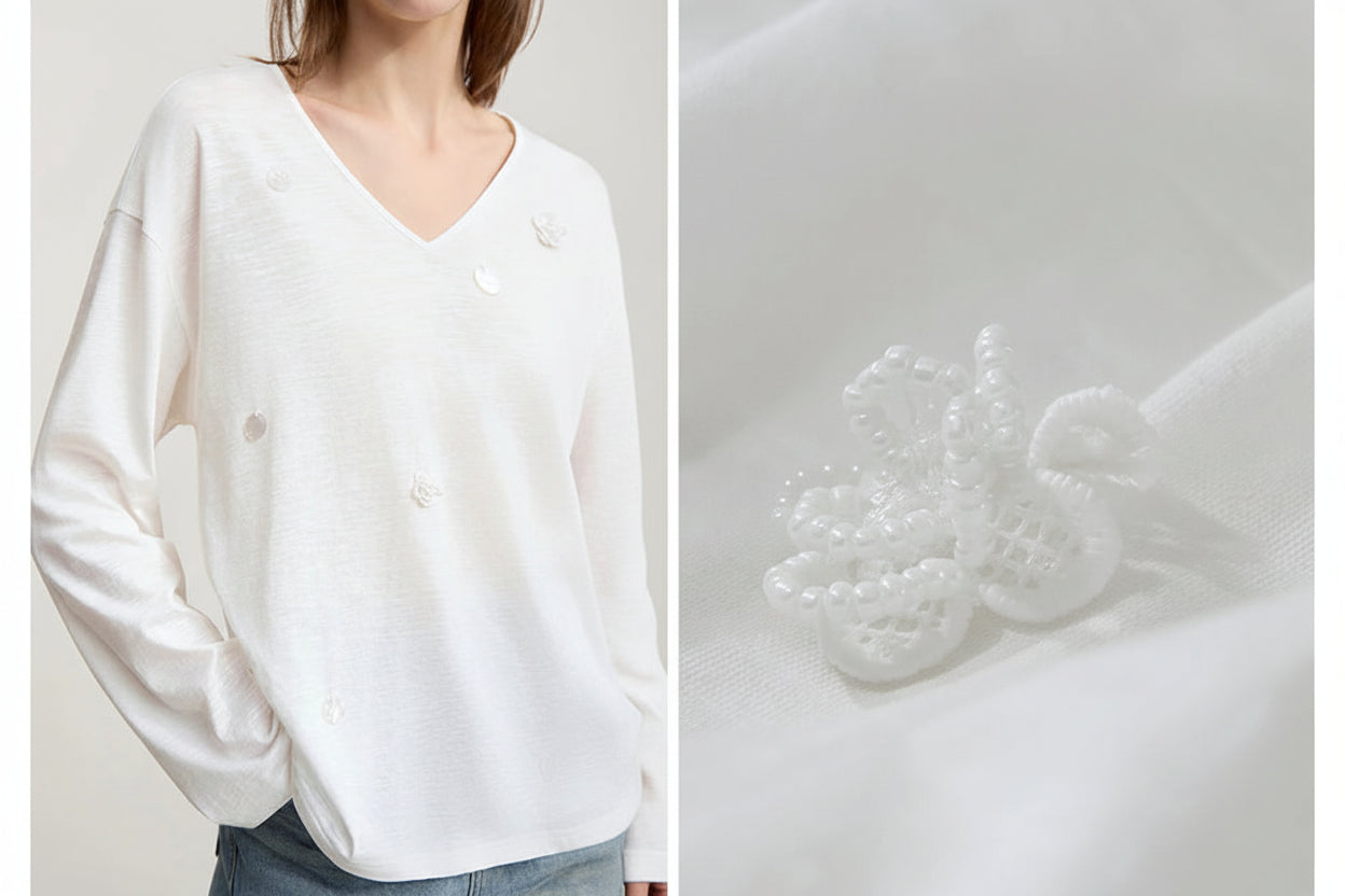 Amii Women's Long Sleeve Top 2026 Spring New V-neck Loose T-shirt Women's Cotton Knitted Tees Pullover Versatile Top 12641011 Loran