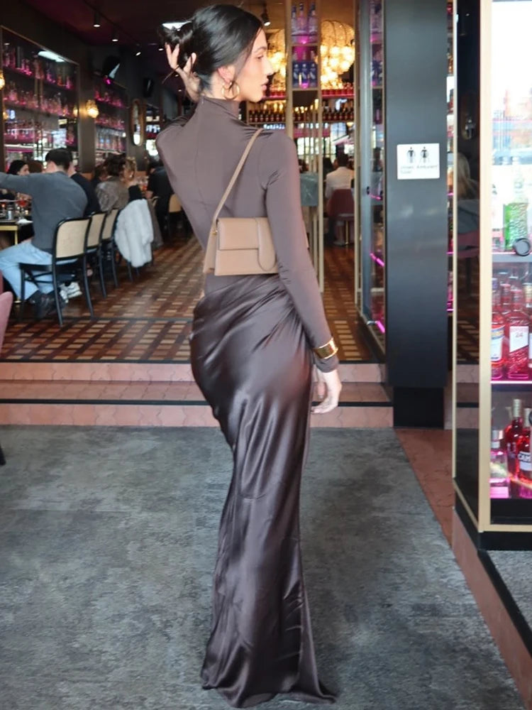 Elegant Patchwork Satin Evening Dress with Turtleneck & Zipper