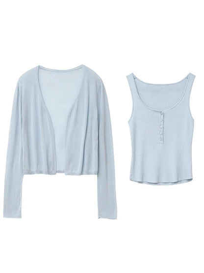Blue Lyocell Sunscreen Cardigan & Tank Top Set Loran