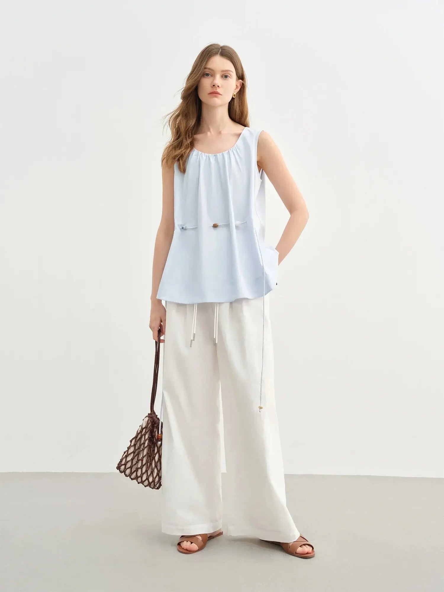 Women's Beaded Sleeveless Blue Cotton Top LORAN STORE