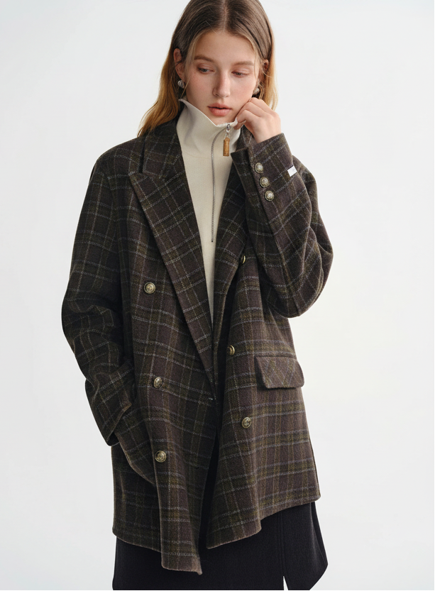 Plaid Camel Hair Wool Blazer Vintage British Style Coat