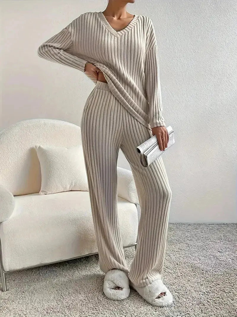 Women's Ribbed Knit Set - V-Neck Sweater & Pants - Loran