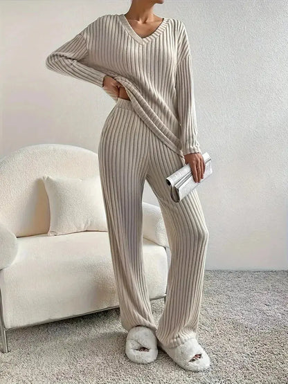 Women's Ribbed Knit Set - V-Neck Sweater & Pants - Loran