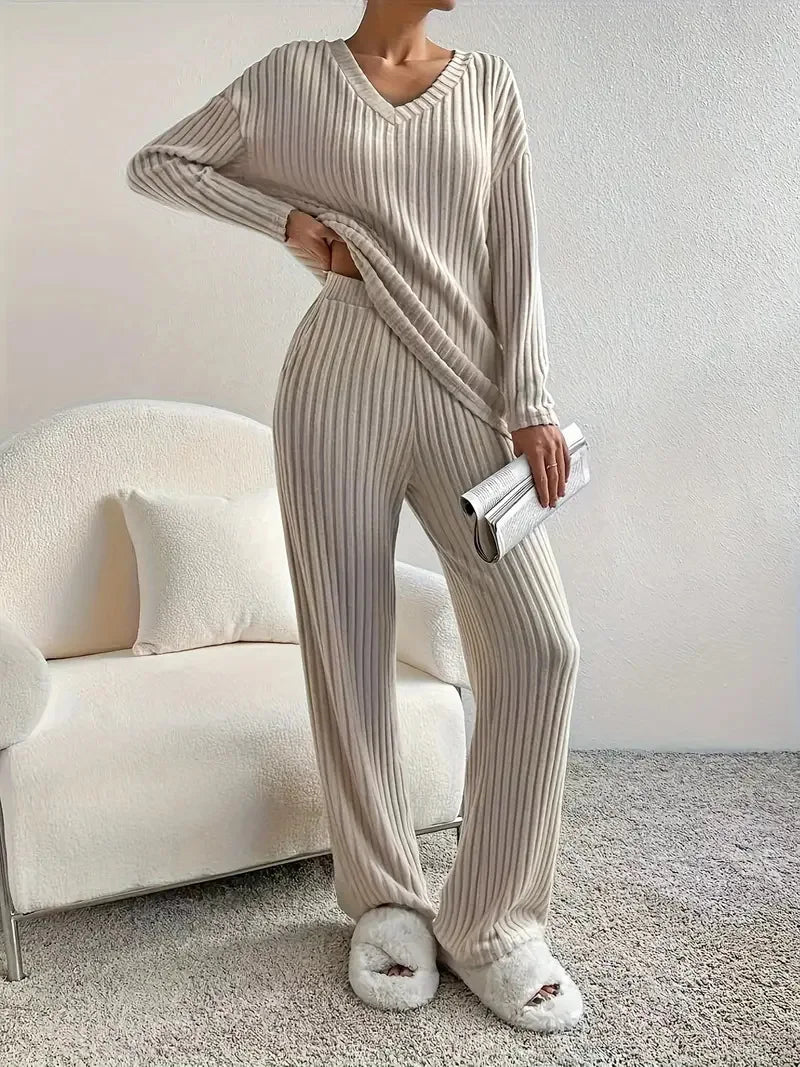 Women's Ribbed Knit Set - V-Neck Sweater & Pants
