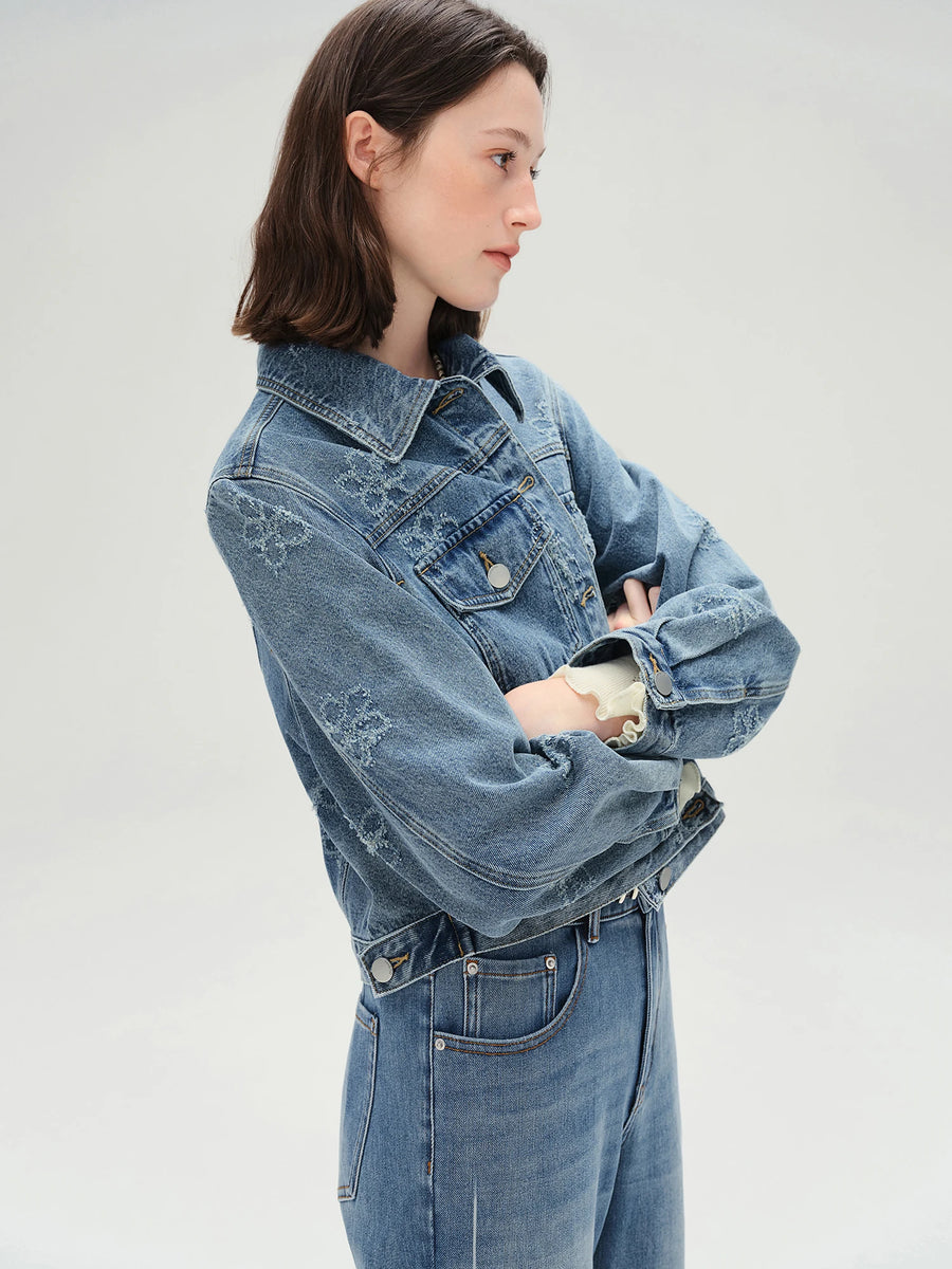 Plus-Size Fringed Floral Denim Outfit Set