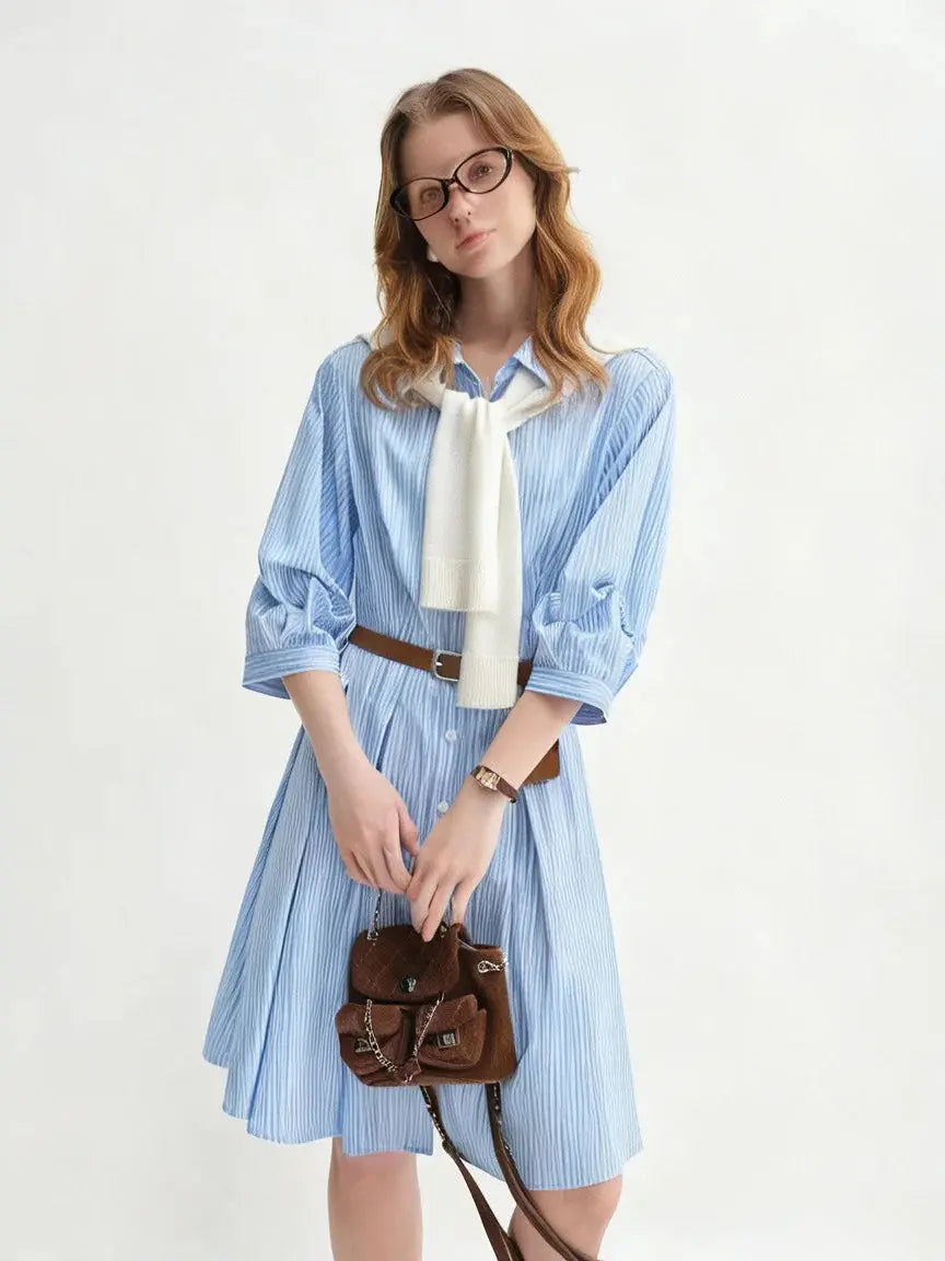 Waist-Defined Pleated Shirt Dress in Blue and White Stripe - Loran