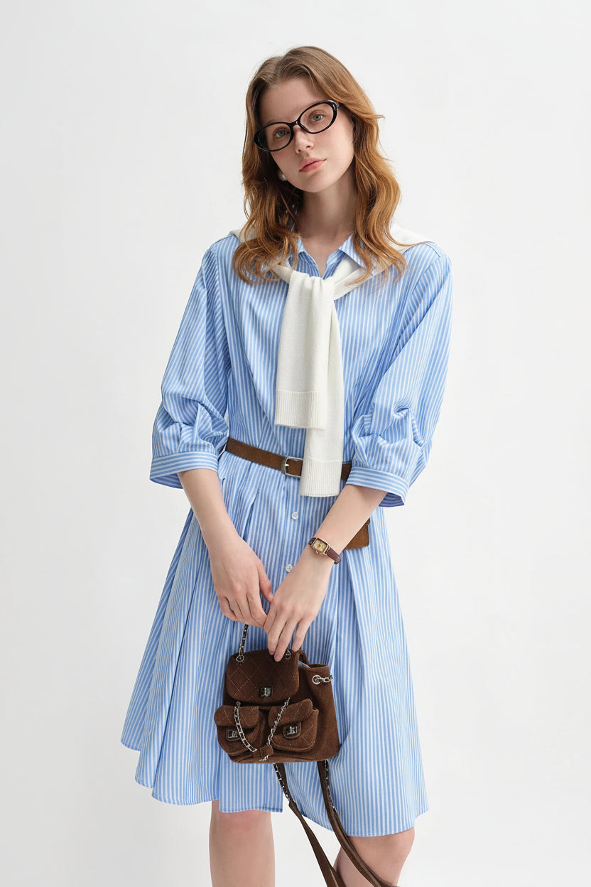 Blue & White Striped Pleated Shirt Dress