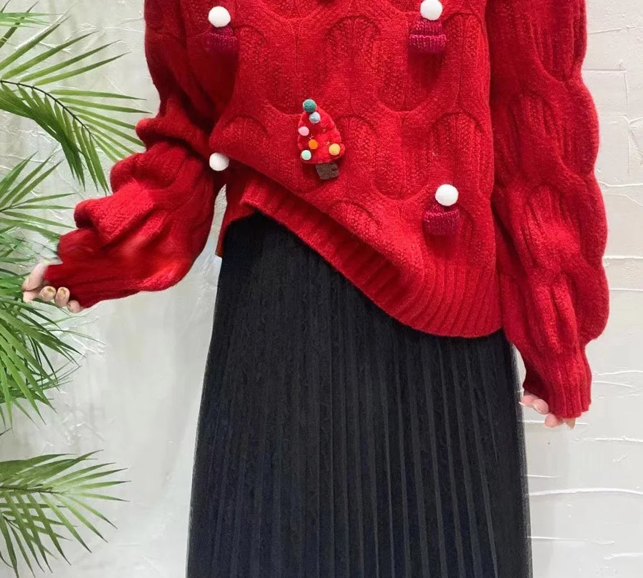 Christmas Tree Appliques Loose Pullovers Long Sleeve Knitted Sweaters - 3IN SMART Shop  #