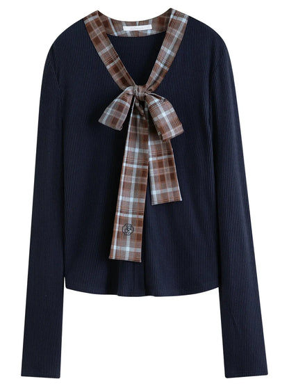 Women's Autumn/Winter Tartan Print Knit Coatigan with Tie Collar - Loran