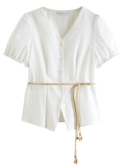 Summer V-Neck Top with Textured Pleats LORAN STORE