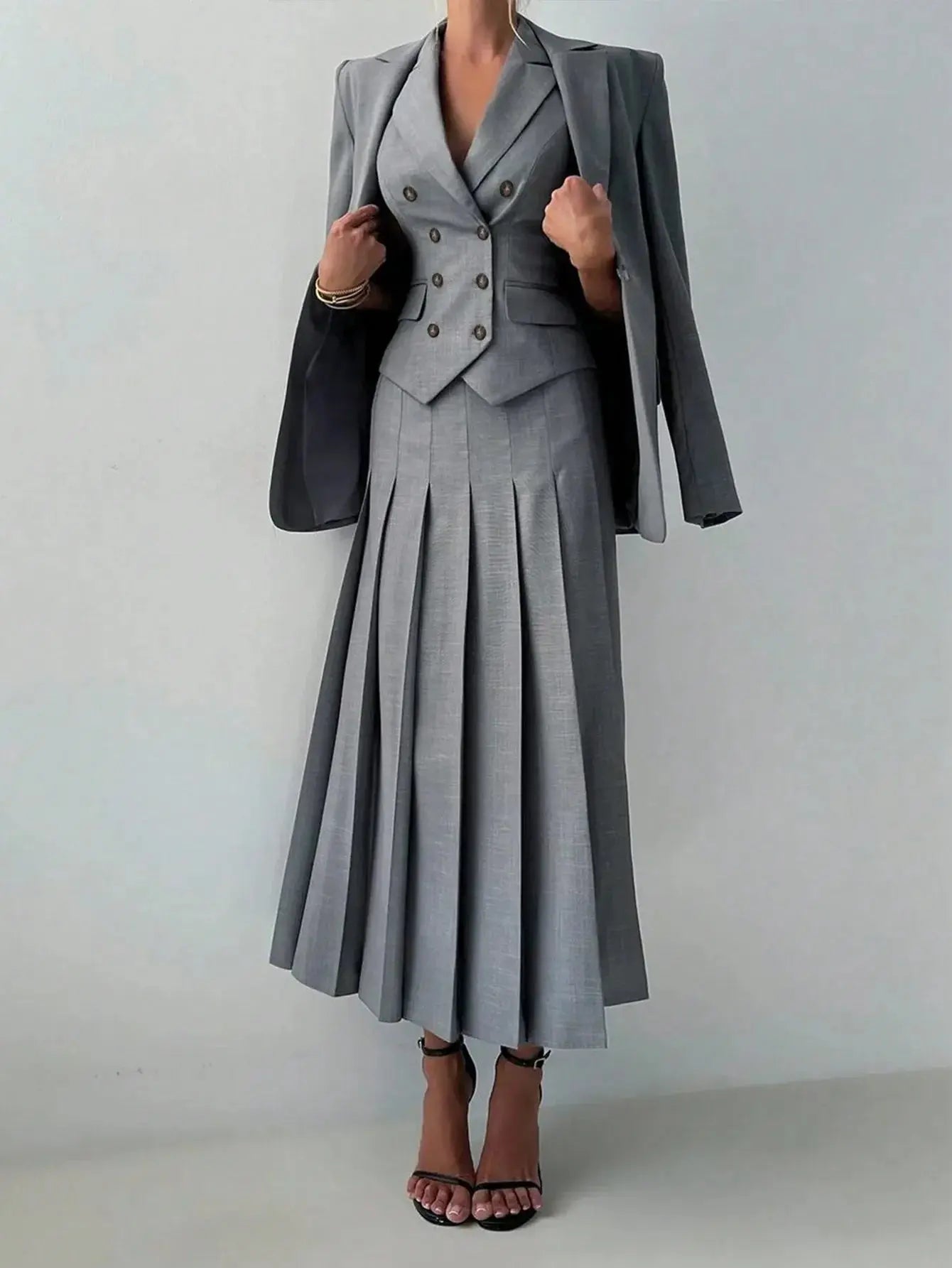 3-Piece Women's Business Suit: Vest, Pleated Skirt & Jacket - Loran