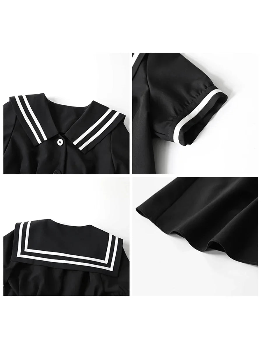 CHIC VEN Korean Women Dresses Black Short Sleeve Navy Collar Dress for Woman Office Lady Female Party College Summer 2025 Loran