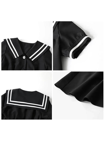 CHIC VEN Korean Women Dresses Black Short Sleeve Navy Collar Dress for Woman Office Lady Female Party College Summer 2025 Loran