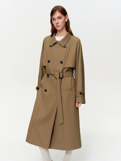 Women’s Khaki Double-Breasted Trench Coat Classic Long Fit Loran