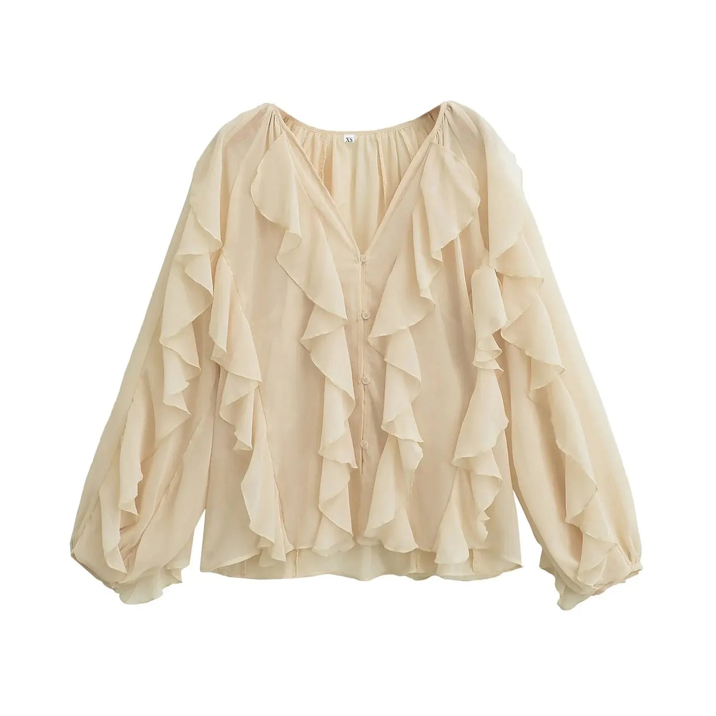 Chic Translucent Blouse with Layered Gauze and Ruffle Detail - Loran
