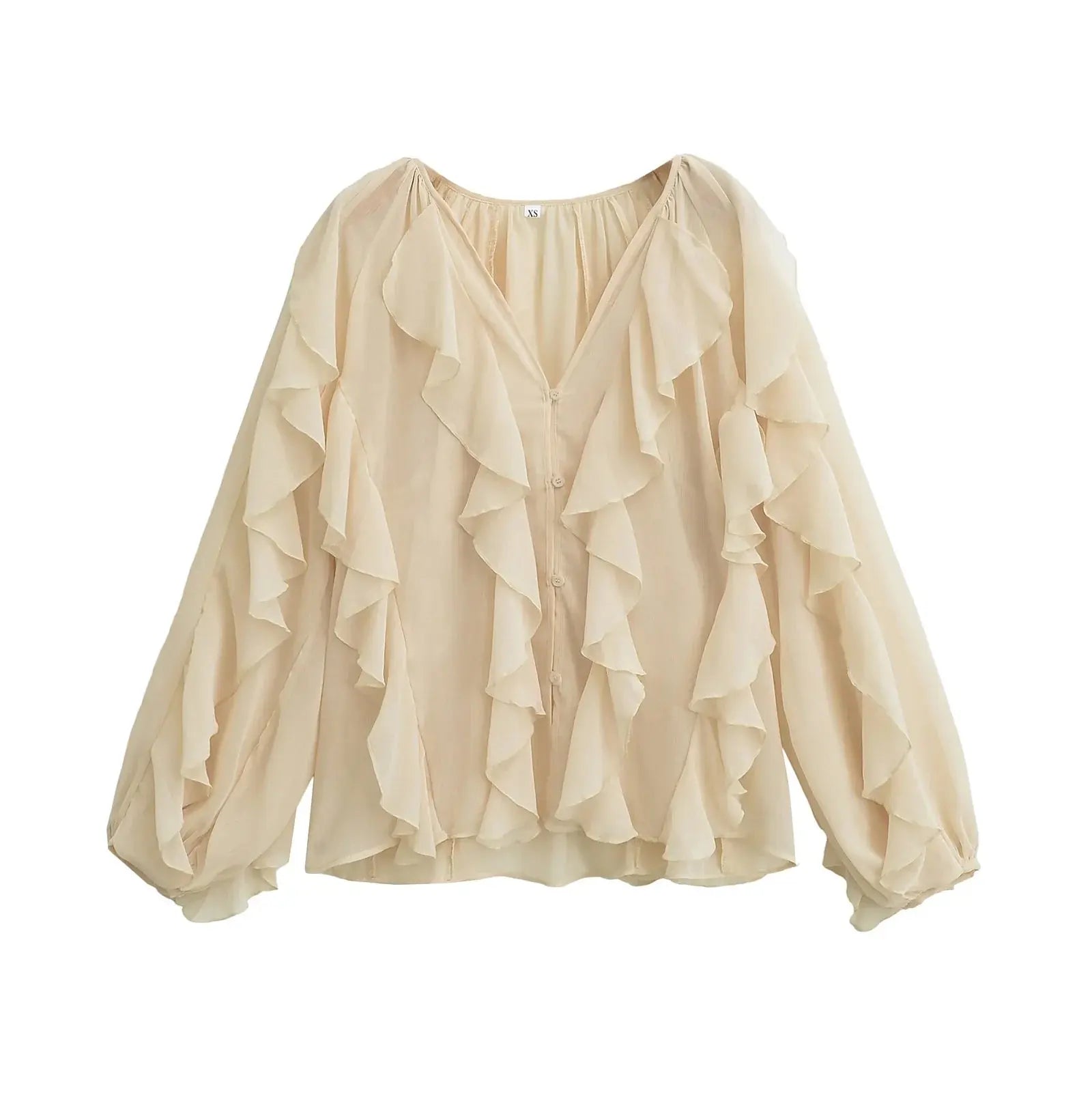 Chic Translucent Blouse with Layered Gauze and Ruffle Detail - Loran