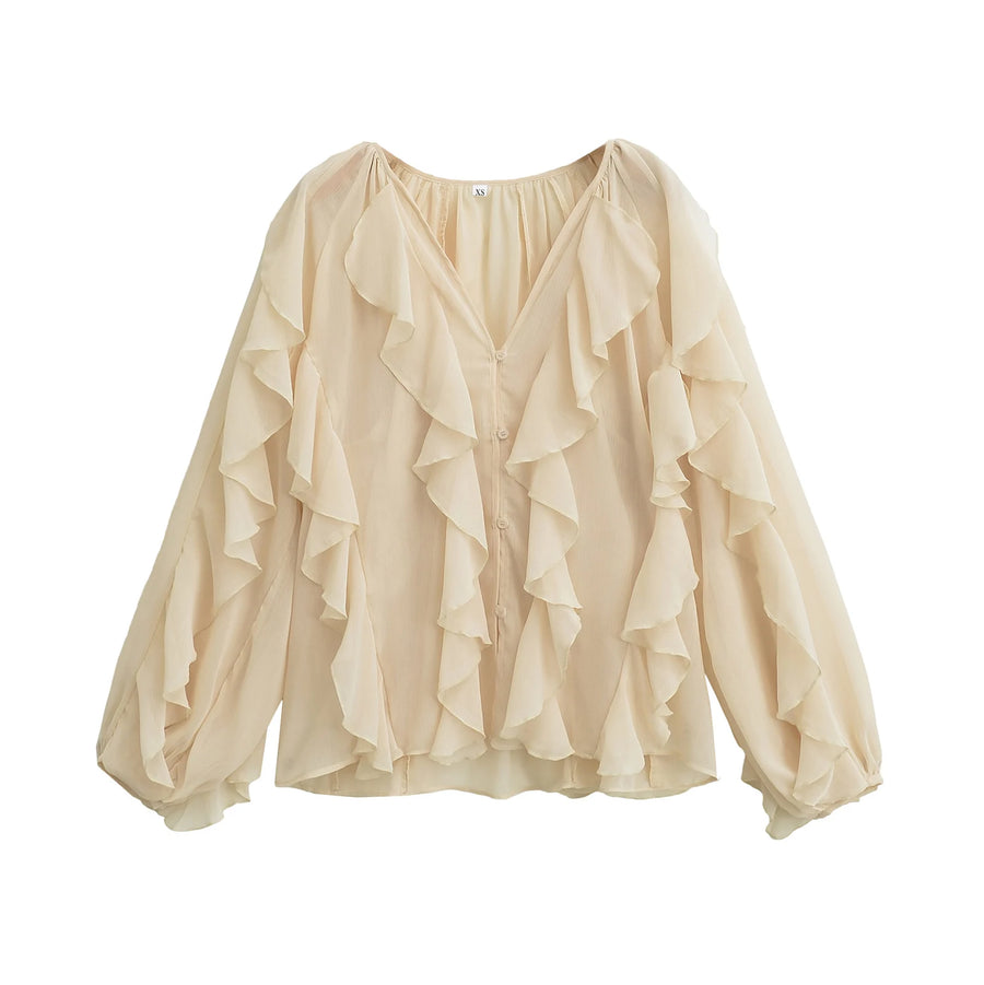 Chic Translucent Blouse with Layered Gauze and Ruffle Detail