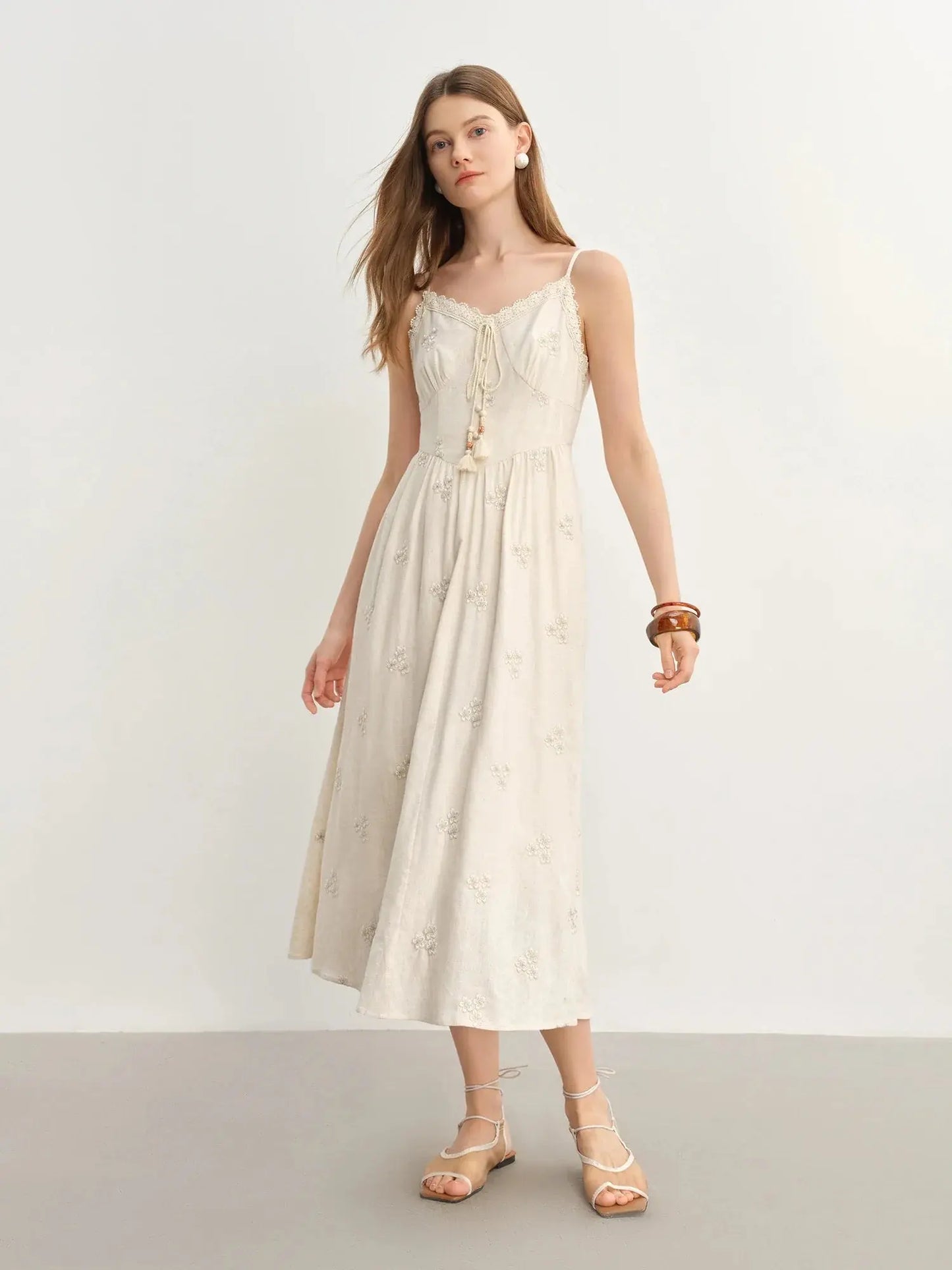 New Fashion Beige Temperament Long Dress with Lace-up Straps - Loran