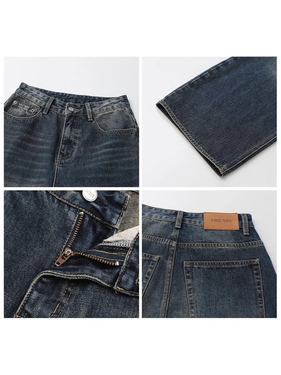 CHIC VEN Korean Women Plus Jeans New Casual Retro Wide Legs Denim Pants Slim Female Trousers Spring Autumn 2025 Loran
