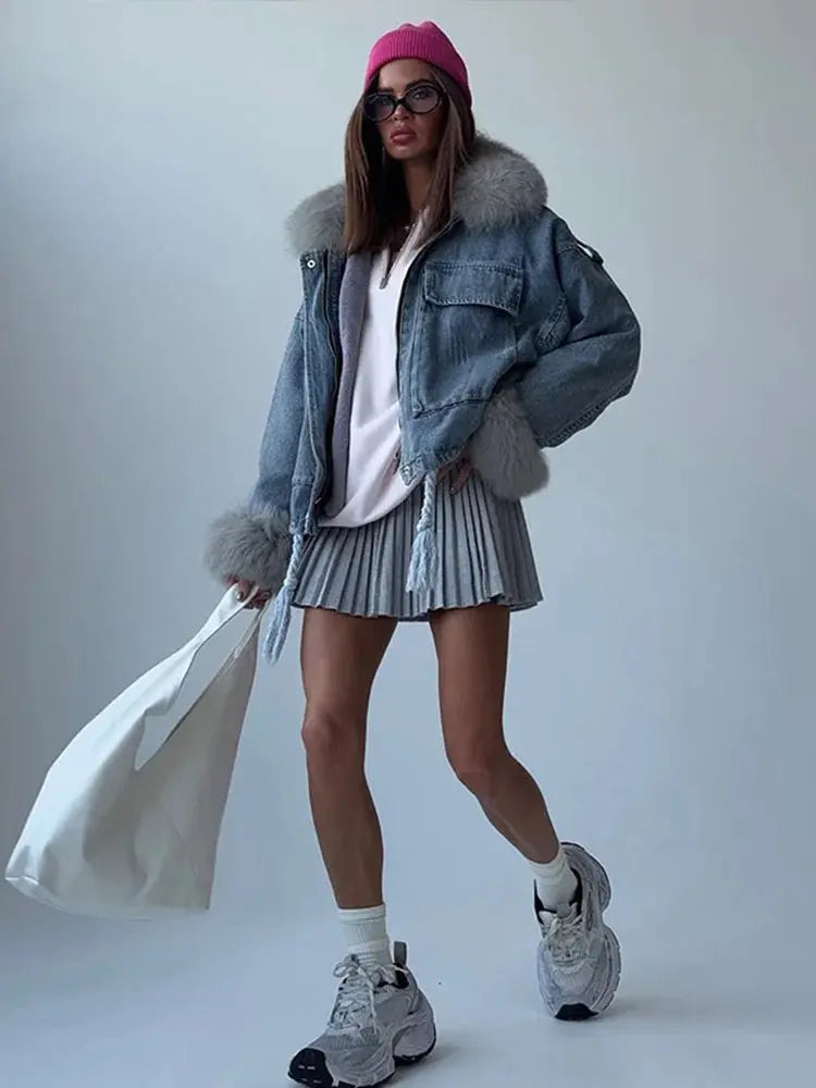 Light Blue Denim & Fur Winter Coat - Loran