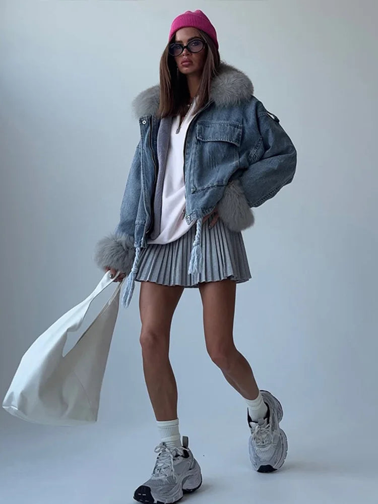 Light Blue Denim & Fur Winter Coat