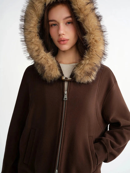 Chic Plus Size Jacket with Detachable Fur Hood - Loran