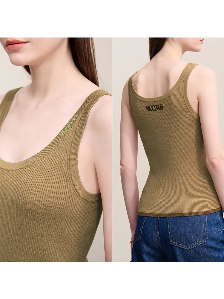 Amii Top Women 2026 Spring New U-neck Letter Jacquard Slim Vest Camisole Casual Sleeveless Knitted Women's Inner Top 12611005 Loran
