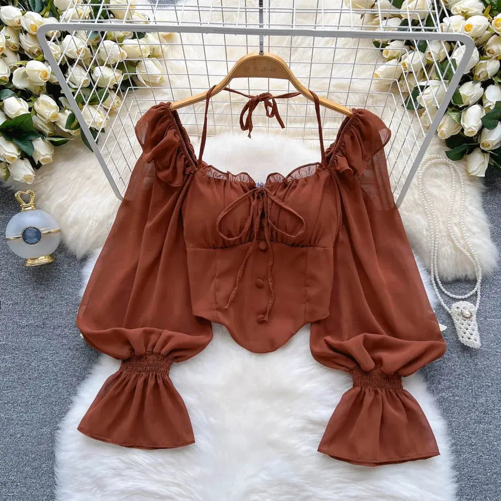 Halter Backless Blouse with Ruffle Flare Sleeves - Loran