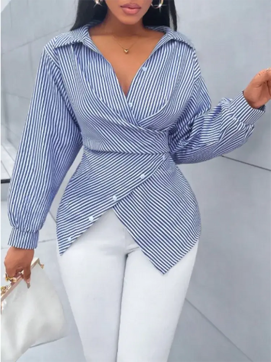 Everyday Chic: Striped V-Neck Button-Up Top for Spring - Loran