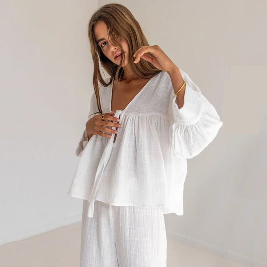Women's 2-Piece Cotton Pajama Set V-Neck Sleepwear Loran