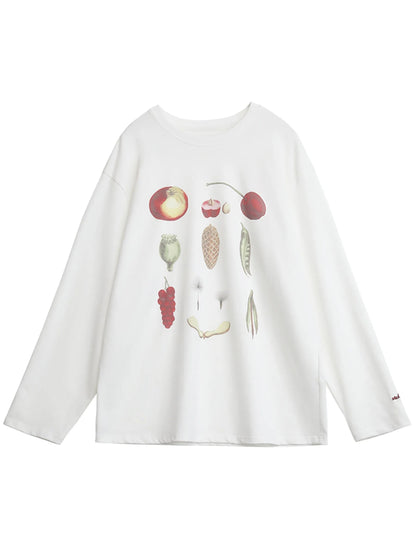 Floral & Fruit Print Long Sleeve T-Shirt Cotton Tee Loran