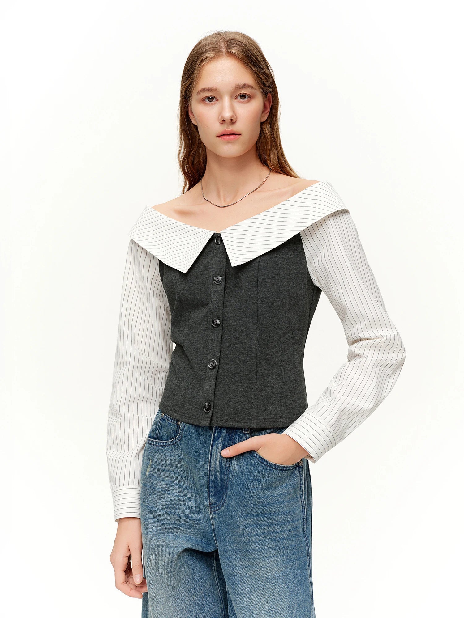 DUSHU 2026 Spring Women's Off-Shoulder Contrast Panel T-Shirt Waist-Defining Seam Ruffle Trim - Fashion Cropped Top for Casual Loran