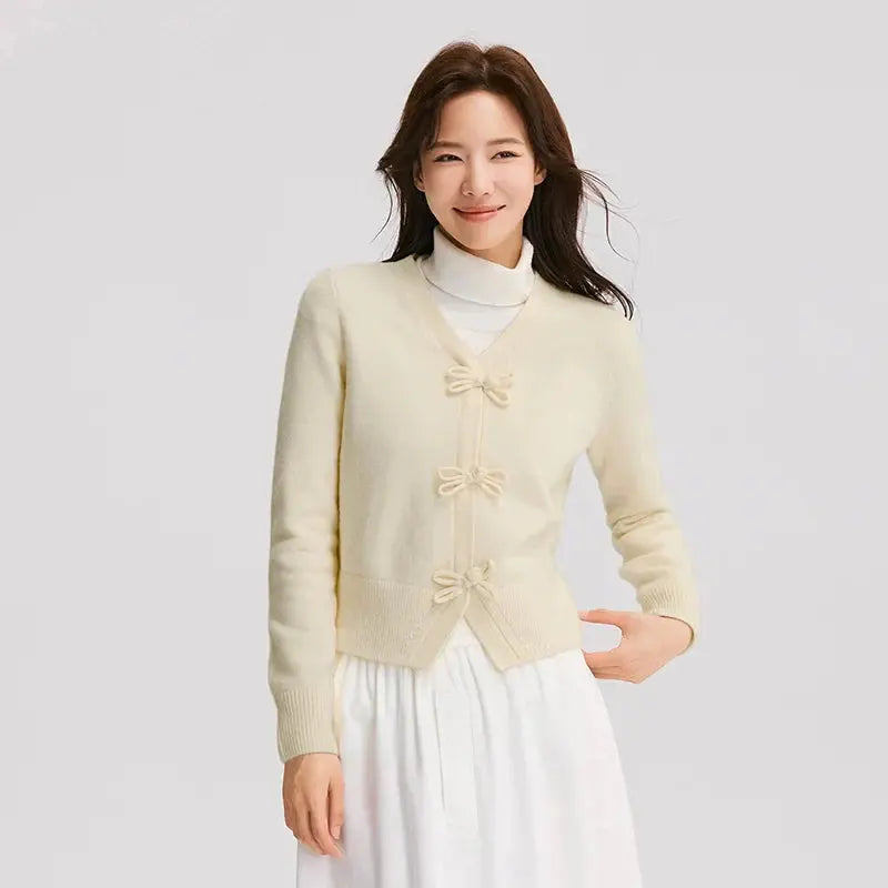 Semir Knitted Cardigan Women Bowknot and Plate Buckle Sweet 2024 New Winter Gentle V-Neck Top Girly LORAN STORE