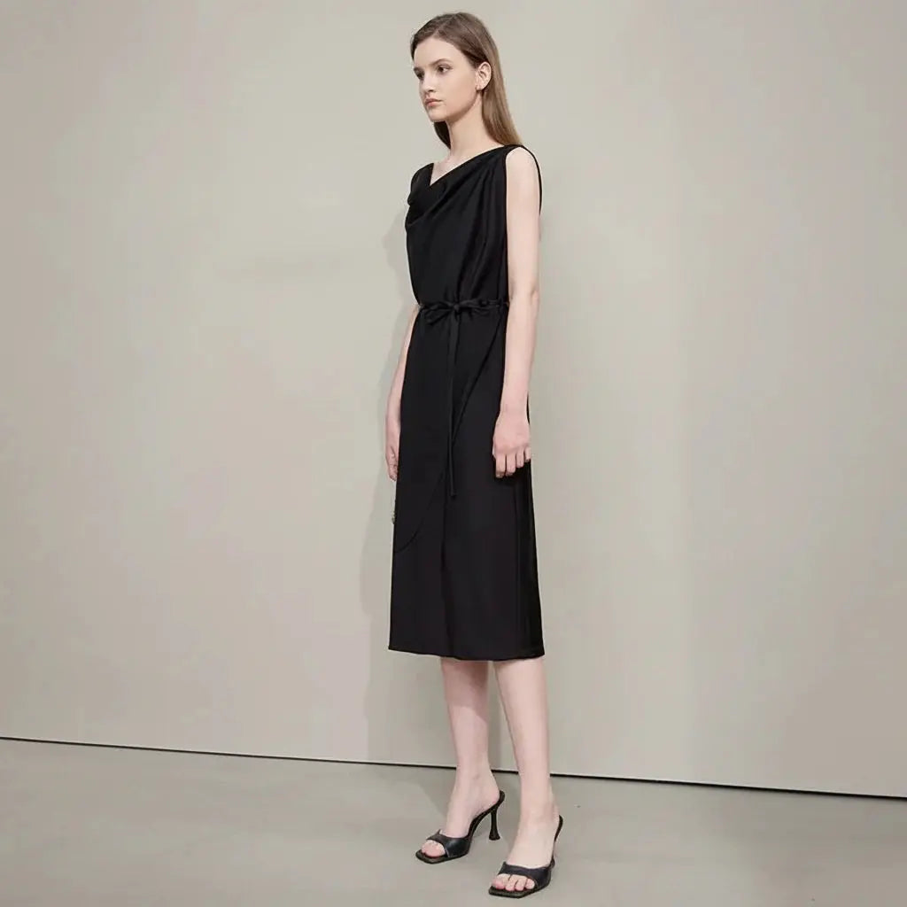 Elegant Black Swing Neck Midi Dress with Thin Belt - Loran