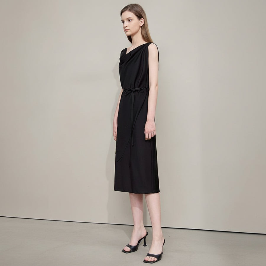 Elegant Black Swing Neck Midi Dress with Thin Belt