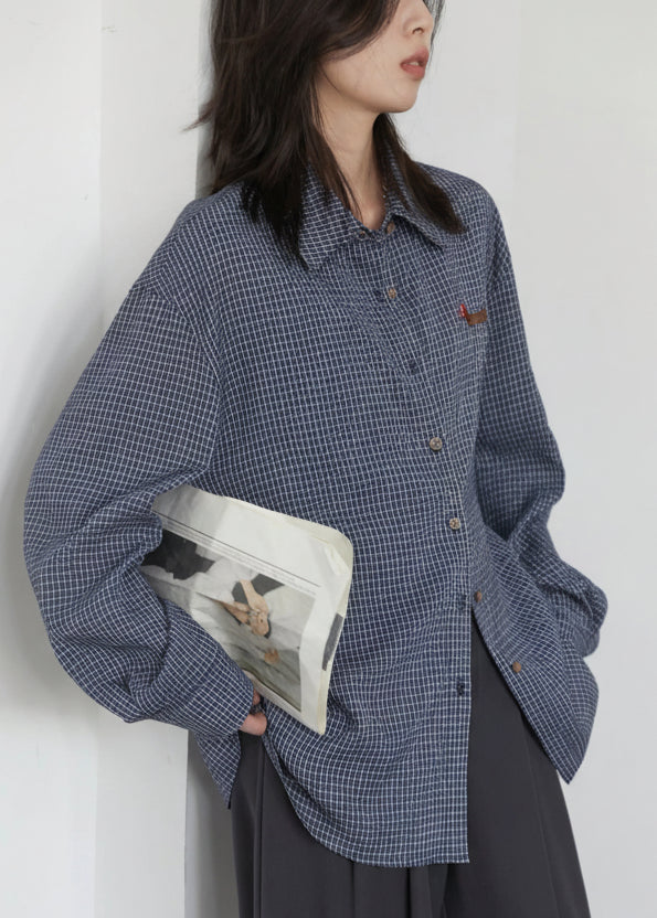 Retro Plaid Embroidered Blouse Loose Casual Long Sleeve Loran