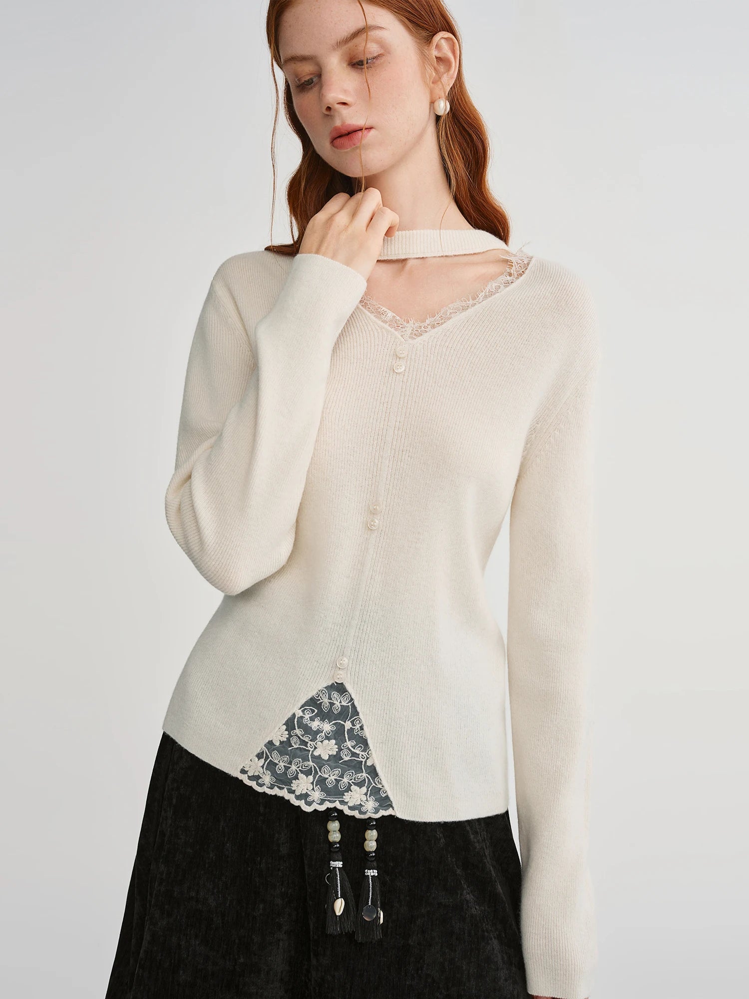Plus Size Lace-Trimmed Mesh Knit Sweater Warm Wool Blend Loran