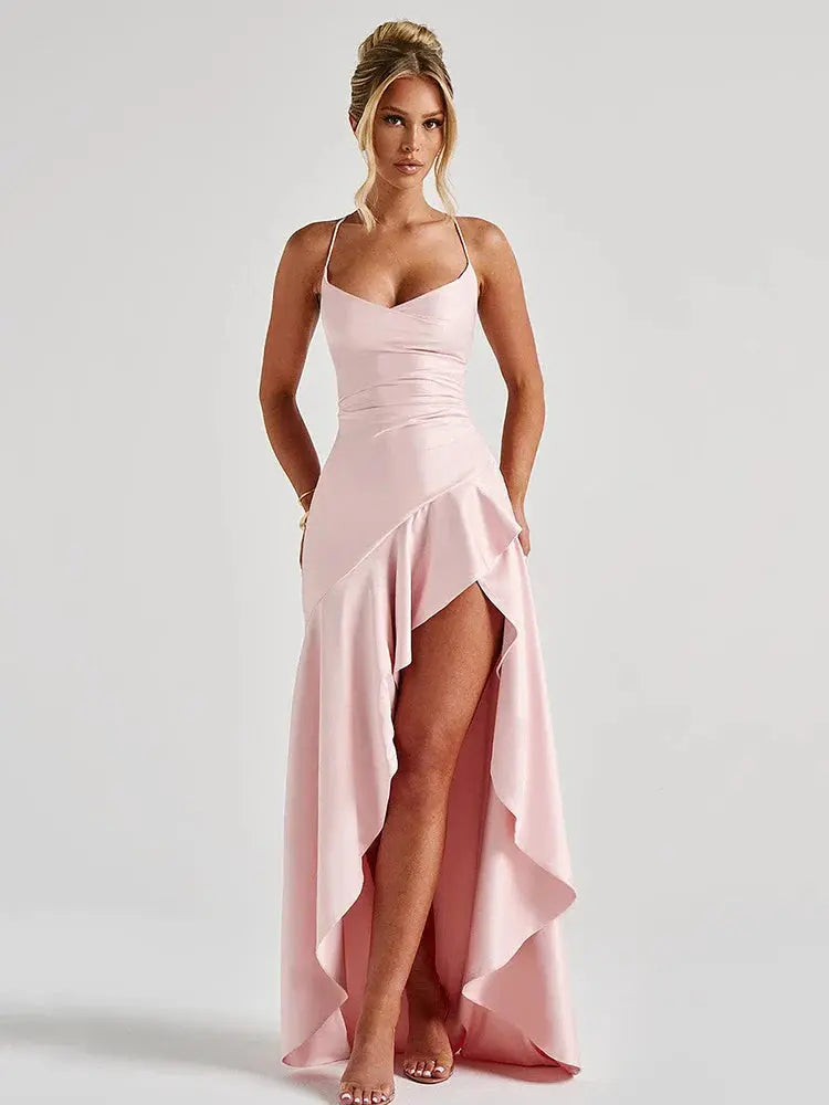 Backless Satin Bodycon Dress with Split - Loran