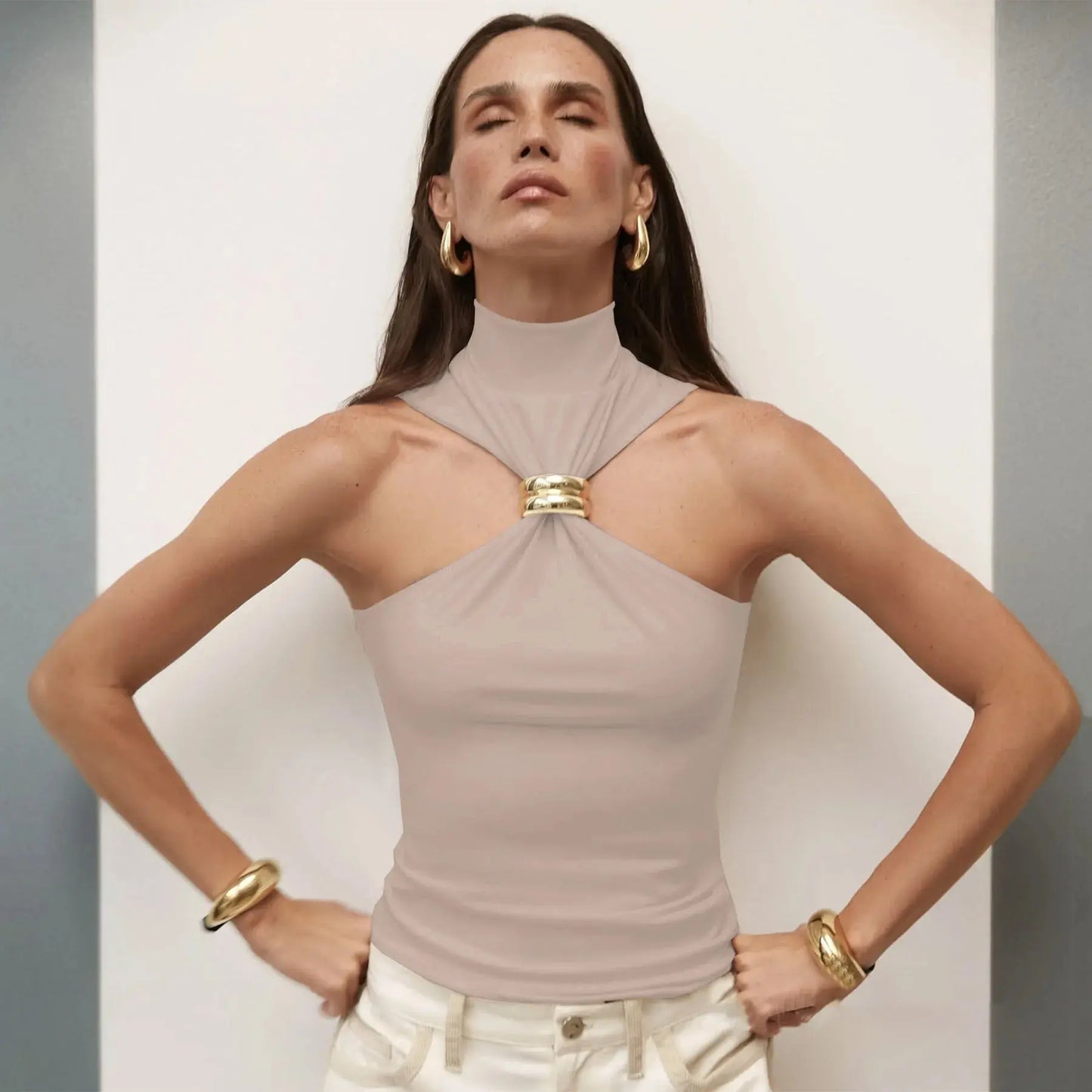Sleeveless Knit Turtleneck Top with Metal Ring - Loran