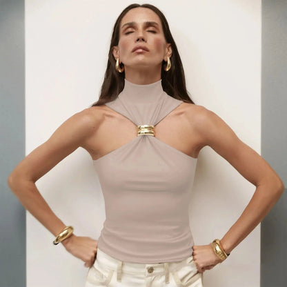 Sleeveless Knit Turtleneck Top with Metal Ring - Loran
